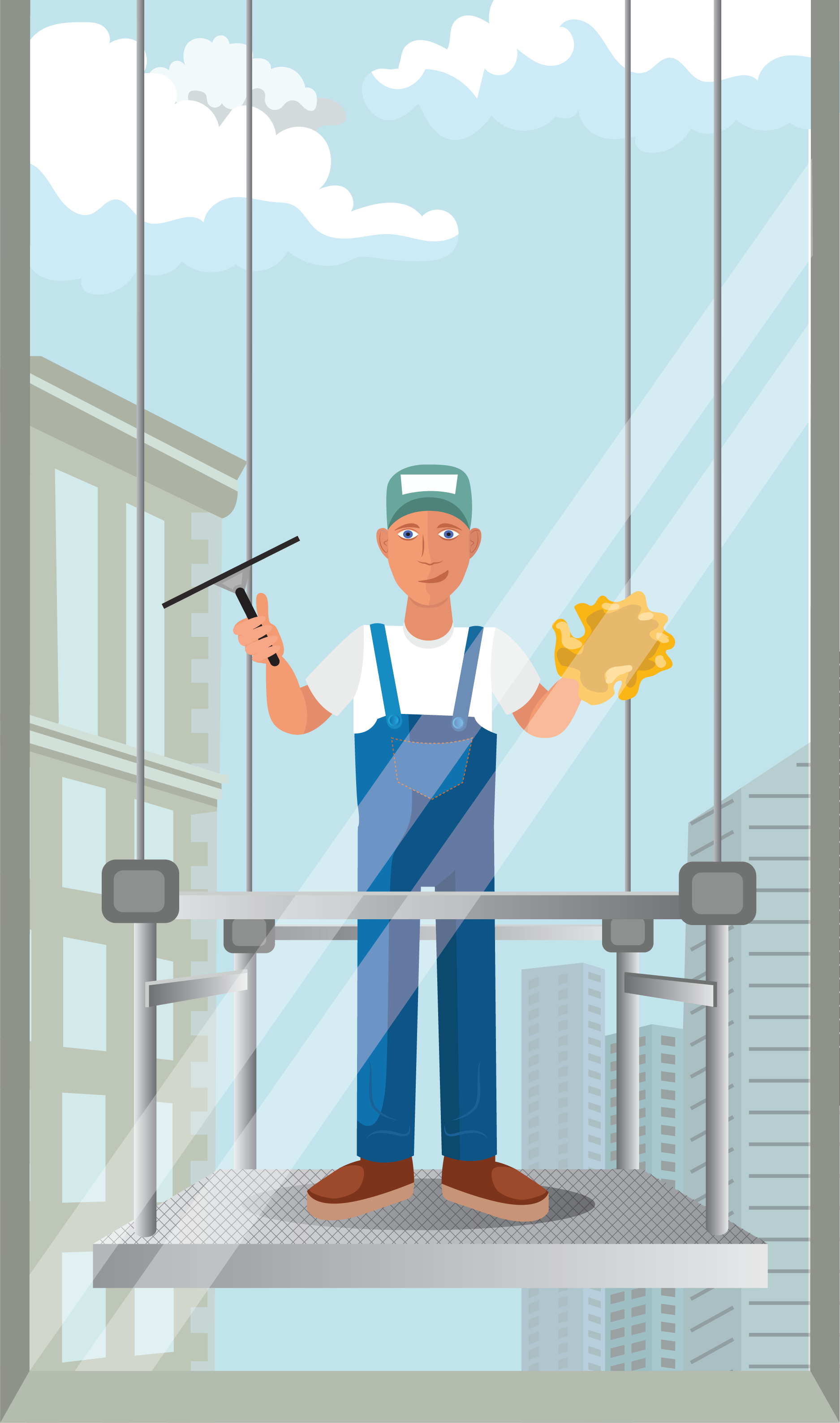 Digital illustration of a window washer on skyscraper